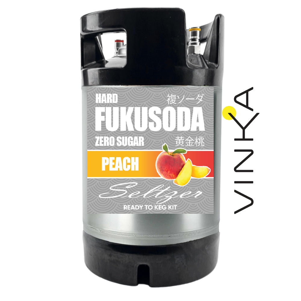 Fukusoda peach seltzer keg kit with Vinka branding on a white background
