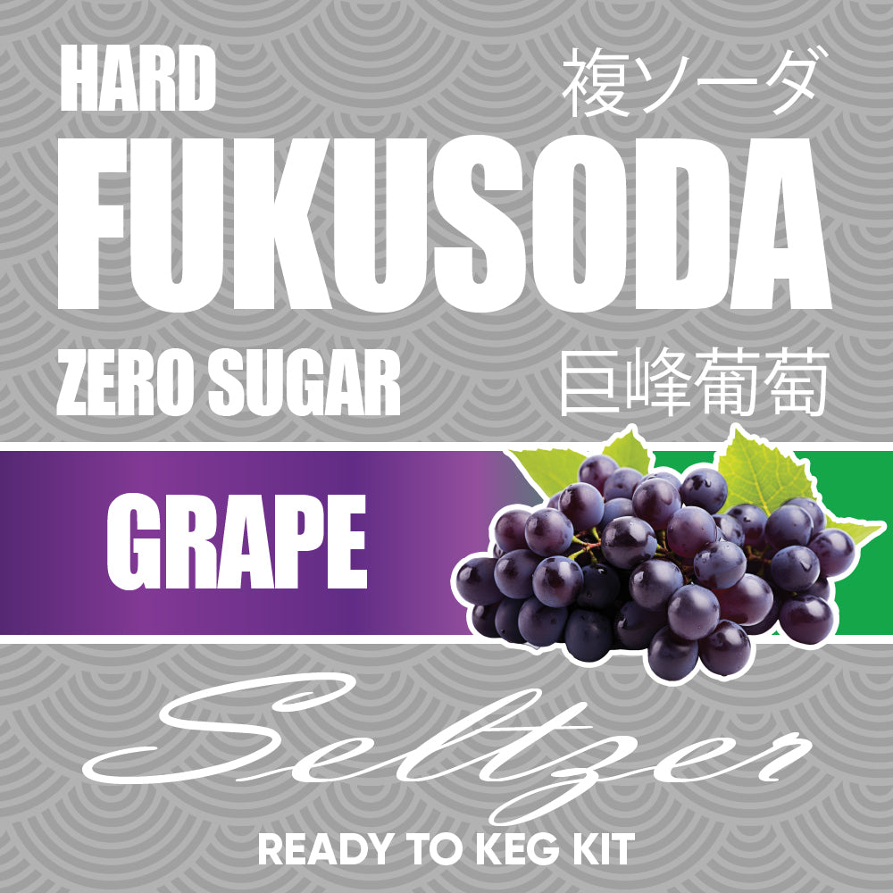 Fukusoda Grape Seltzer product packaging with grapes and text on a gray background