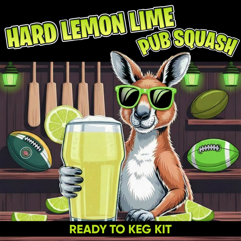A stylized illustrated advertisement for a 'Hard Lemon Lime Pub Squash Ready to Keg Kit'. The graphic features a cartoon kangaroo wearing green sunglasses and holding a pint of pale yellow beer, set against a pub background with footballs, lime slices, and hanging mops.