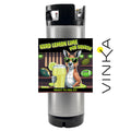 A stainless steel kegerator with a custom printed graphic label featuring a kangaroo holding a pint of beer and the text 'HARD LEMON LIME PUB SQUASH' and 'READY TO KEG KIT'. A vertical 'VINKA' brand logo is displayed on the right side of the image against a plain white background.