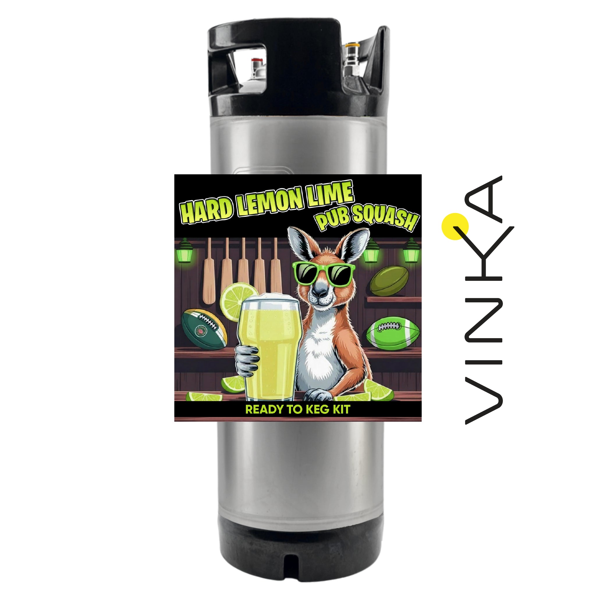 A stainless steel kegerator with a custom printed graphic label featuring a kangaroo holding a pint of beer and the text 'HARD LEMON LIME PUB SQUASH' and 'READY TO KEG KIT'. A vertical 'VINKA' brand logo is displayed on the right side of the image against a plain white background.