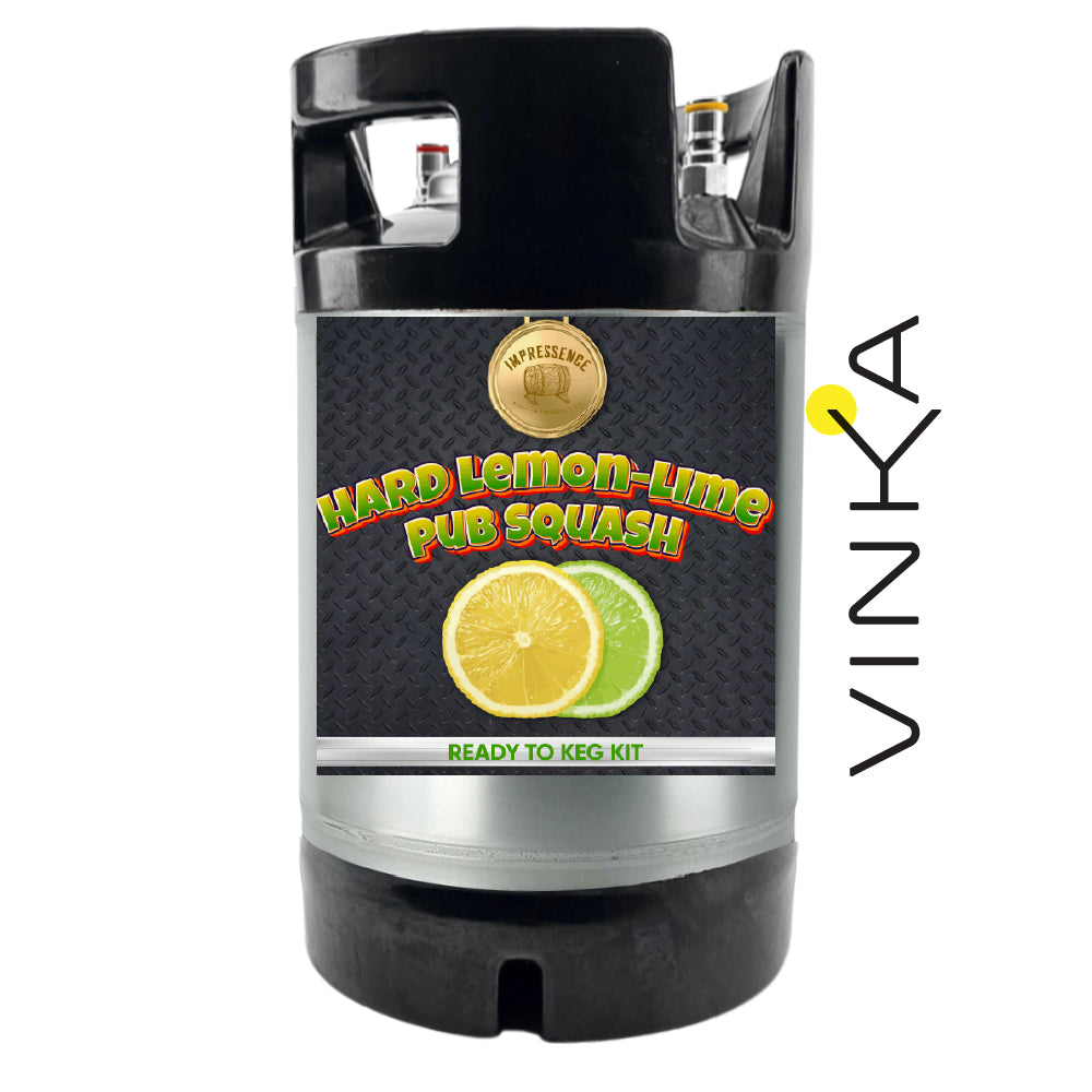 Black keg with lemon and lime design and 'Vinka' branding on a white background