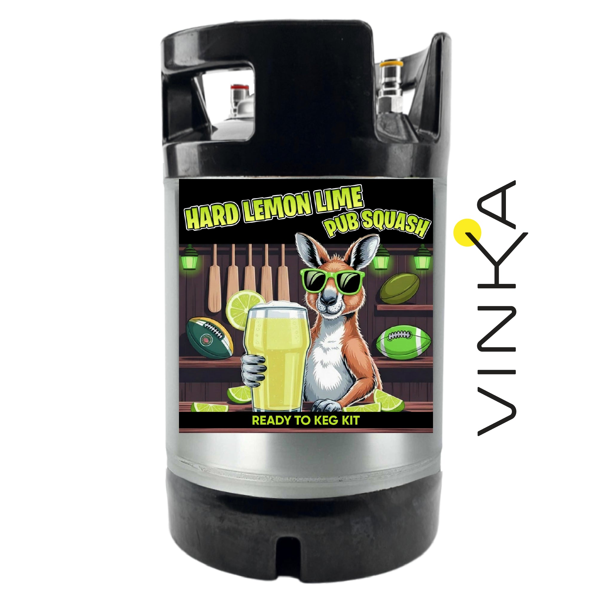 A customized black and silver kegerator with a colorful cartoon graphic of a kangaroo holding a pint of beer. The graphic reads 'HARD LEMON LIME PUB SQUASH' and 'READY TO KEG KIT'.