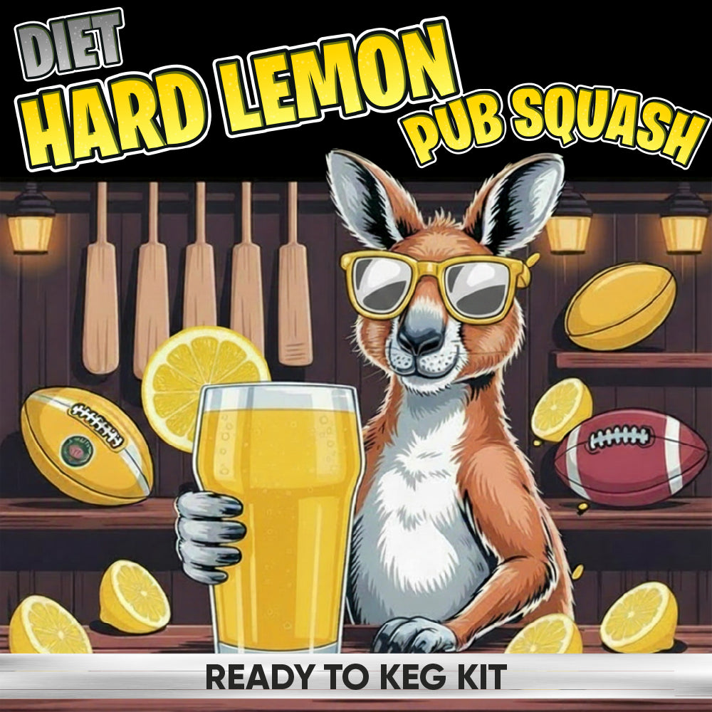 Promotional graphic for a 'Diet Hard Lemon Pub Squash Ready to Keg Kit' featuring a cartoon kangaroo wearing yellow sunglasses and holding a pint of golden beer, surrounded by lemons, footballs, and beer glasses in a bar setting.