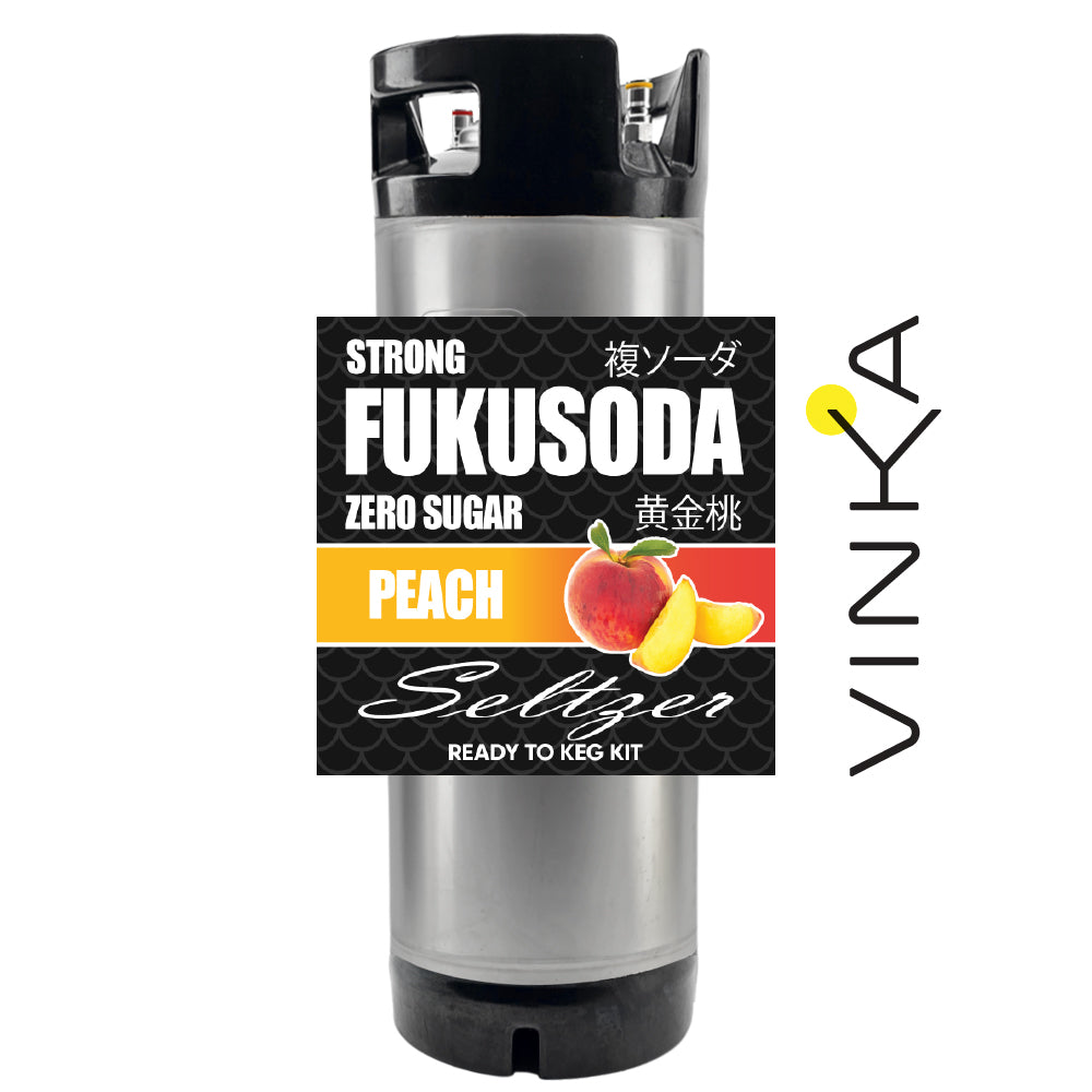 Fukusoda zero sugar peach seltzer ready to keg kit with Vinka branding on a white background