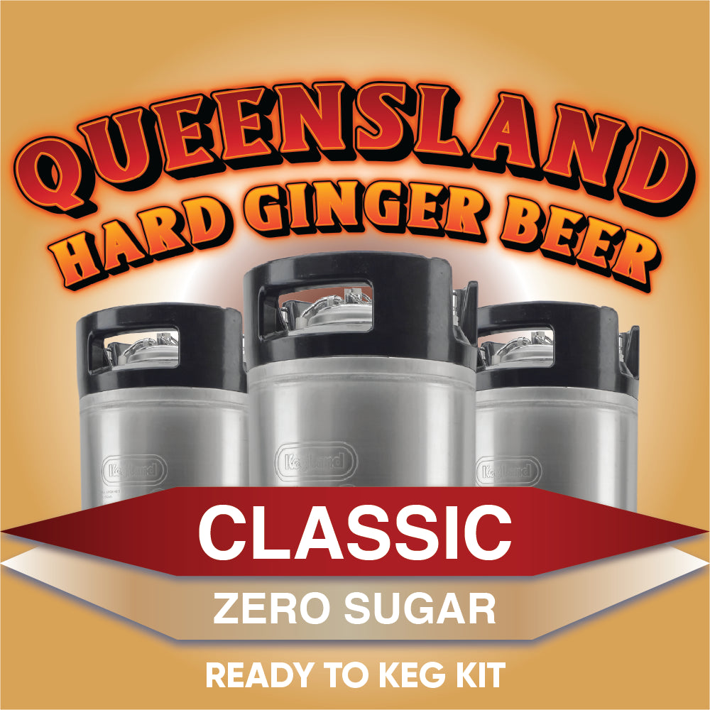 Queensland Hard Ginger Beer Classic Zero Sugar Ready to Keg Kit on a beige background