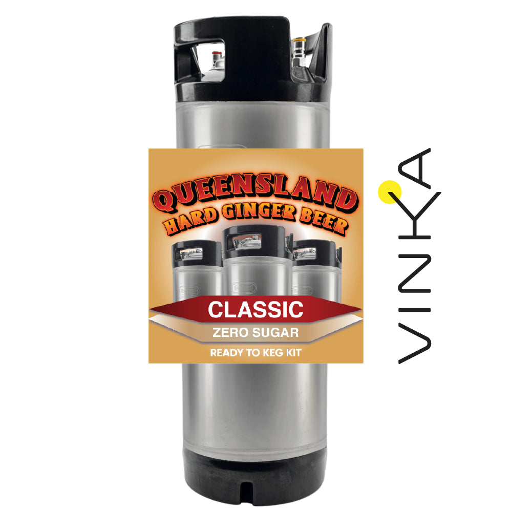 Queensland Hard Ginger Beer keg kit with Vinka branding on a white background