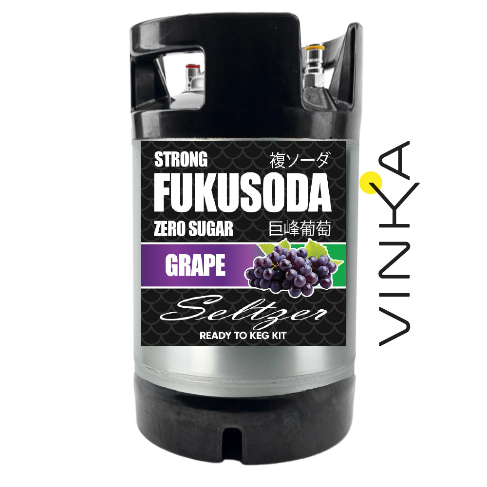 Fukusoda grape seltzer keg kit with Vinka branding on a white background