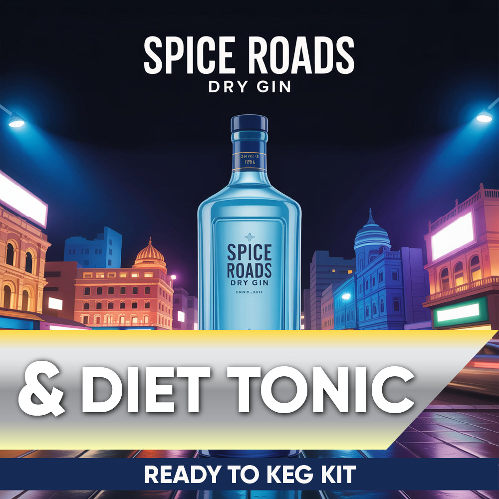 Spice Roads Dry Gin bottle with cityscape background and text about a ready-to-keg kit.