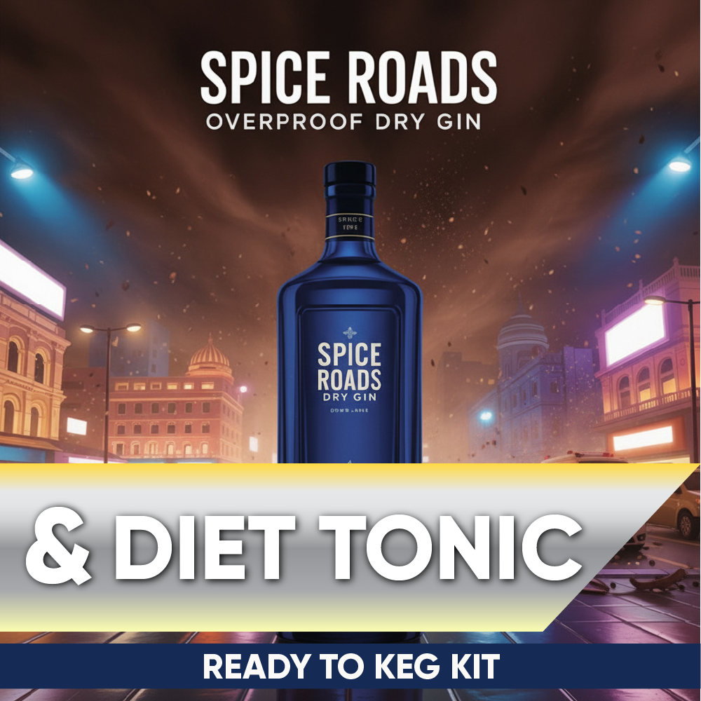 Bottle of Spice Roads Dry Gin with diet tonic on a city street background