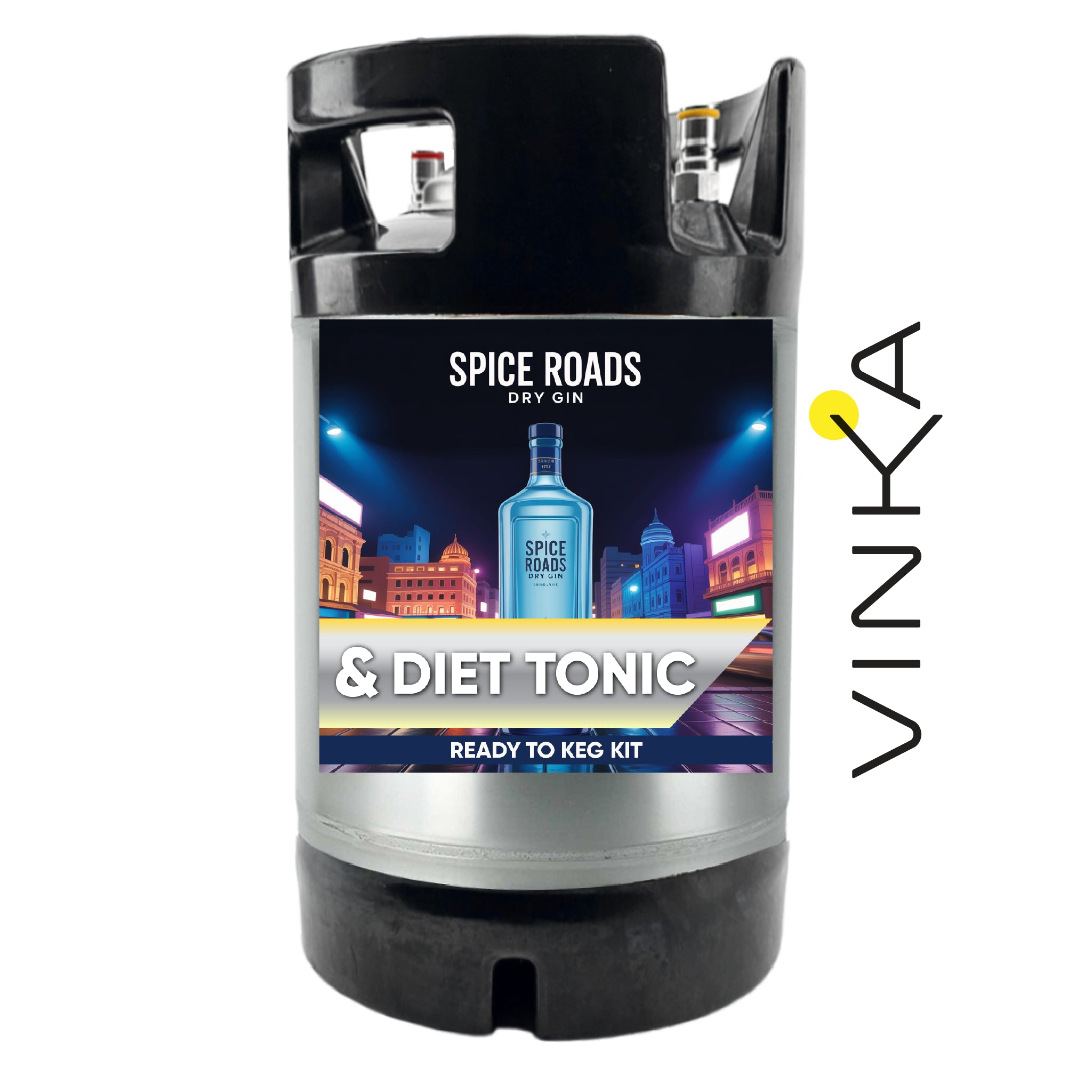 Spice Roads Dry Gin and Diet Tonic ready-to-keg kit with Vinka branding on a white background