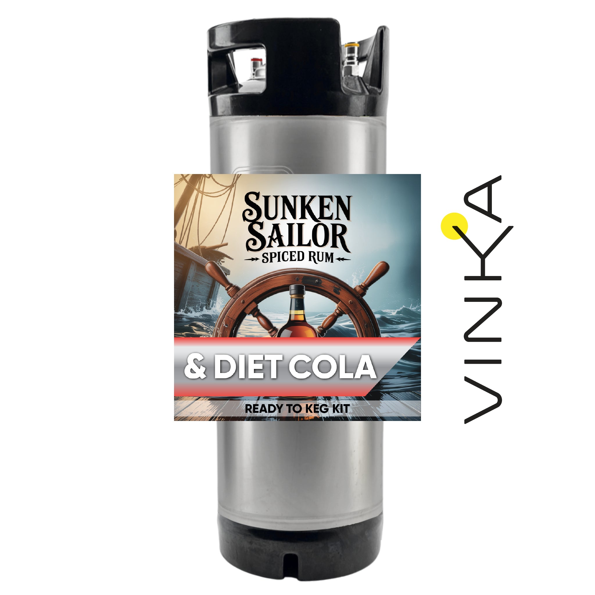 Sunken Sailor Spiced Rum & Diet Cola ready-to-keg kit with Vinka branding on a white background