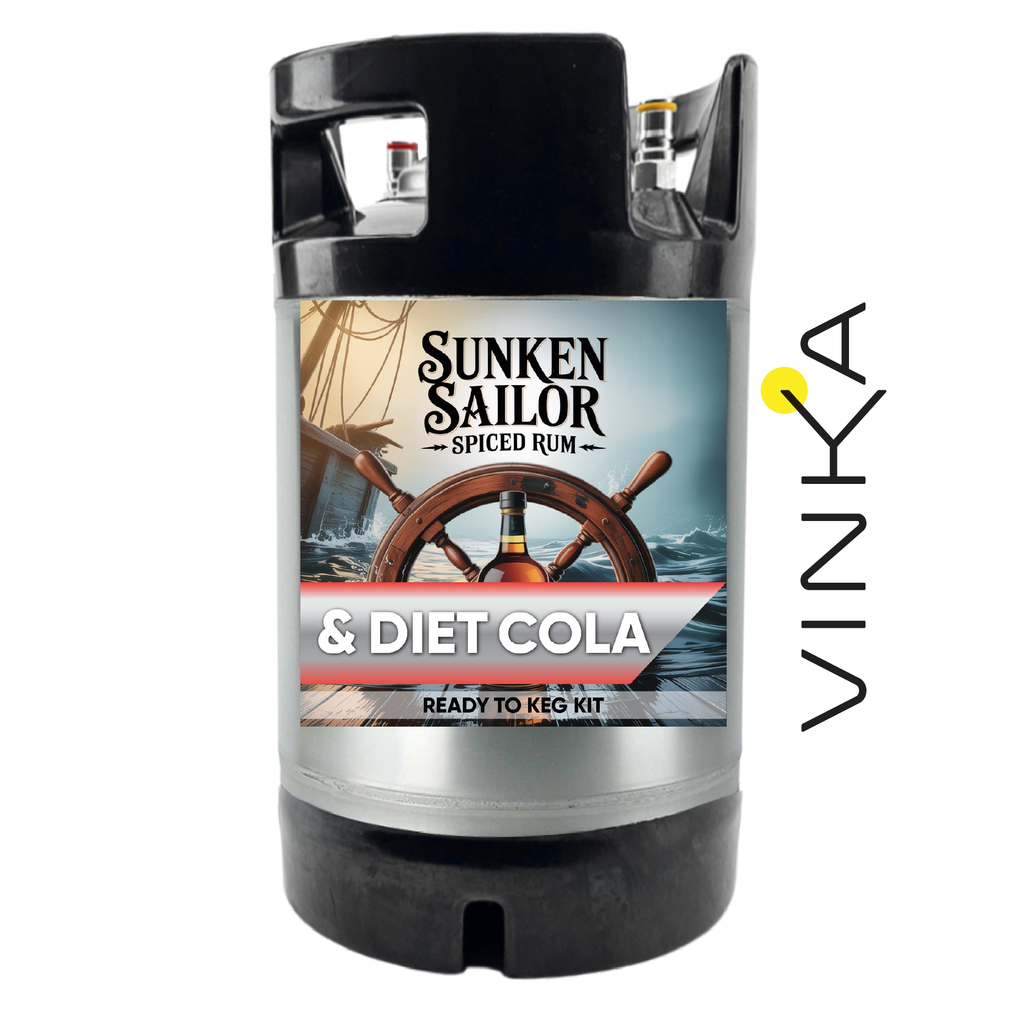 Sunken Sailor Spiced Rum & Diet Cola ready to keg kit with Vinka branding on a white background