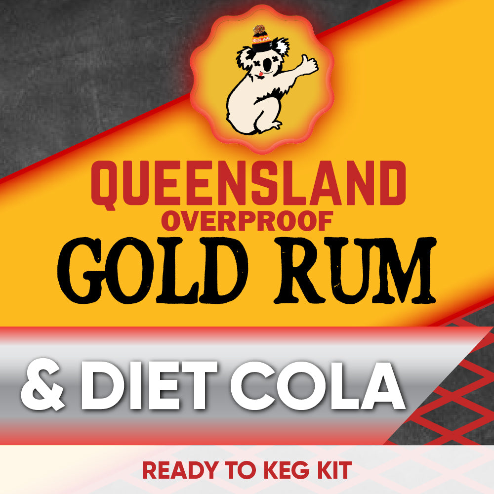 Queensland Overproof Gold Rum & Diet Cola ready to keg kit label with a koala design.