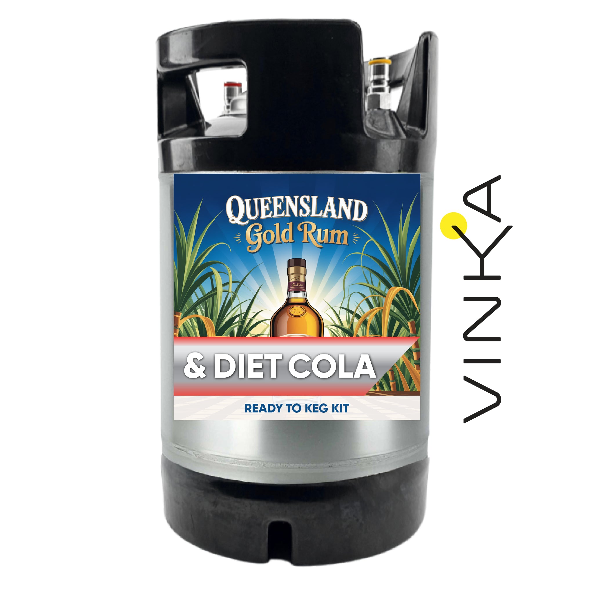 Queensland Gold Rum & Diet Cola keg kit with Vinka logo on a white background