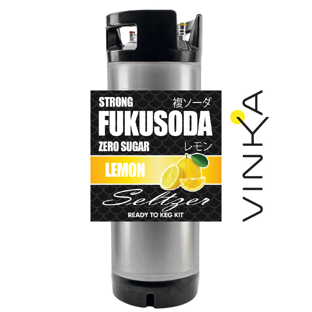 Fukusoda lemon seltzer ready to keg kit with Vinka branding on a white background
