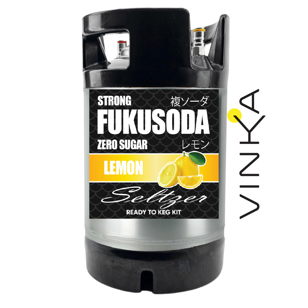 Fukusoda lemon seltzer keg kit with Vinka branding on a white background