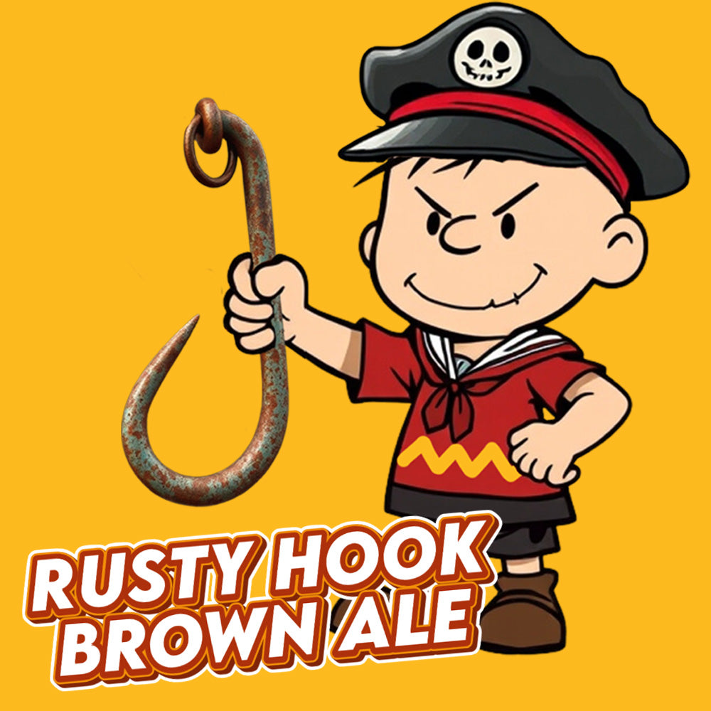 Our Evil Harley Brown's Rusty Hook Brown Ale is a whimsically wicked take on the classic brown ale, designed for those who delight in the darker bitter side of life.