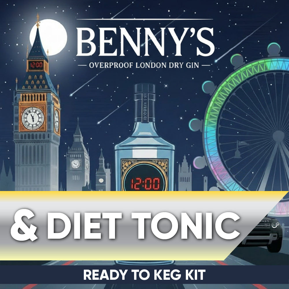 Advertisement for Benny's Overproof London Dry Gin and Diet Tonic with a cityscape background.