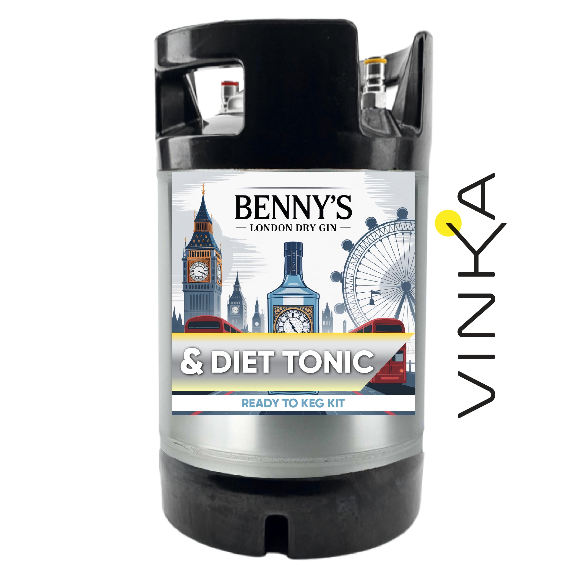 Benny's London Dry Gin & Diet Tonic keg kit with Vinka branding on a white background