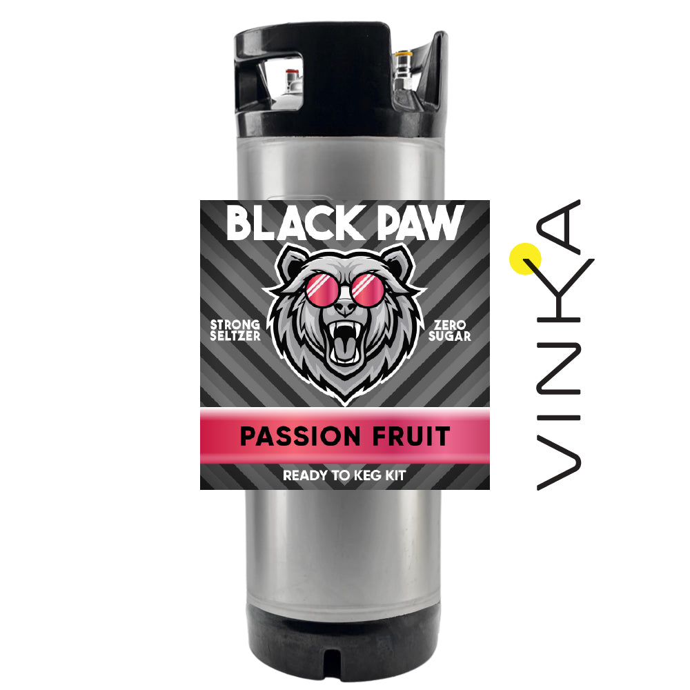 Black Paw Strong Seltzer Passion Fruit ready-to-keg kit with Vinka branding on a white background