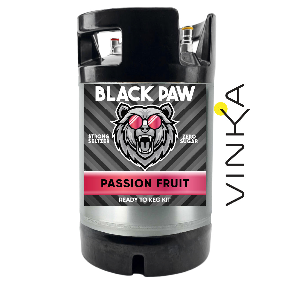 Black Paw Strong Seltzer Passion Fruit keg kit with Vinka branding on a white background
