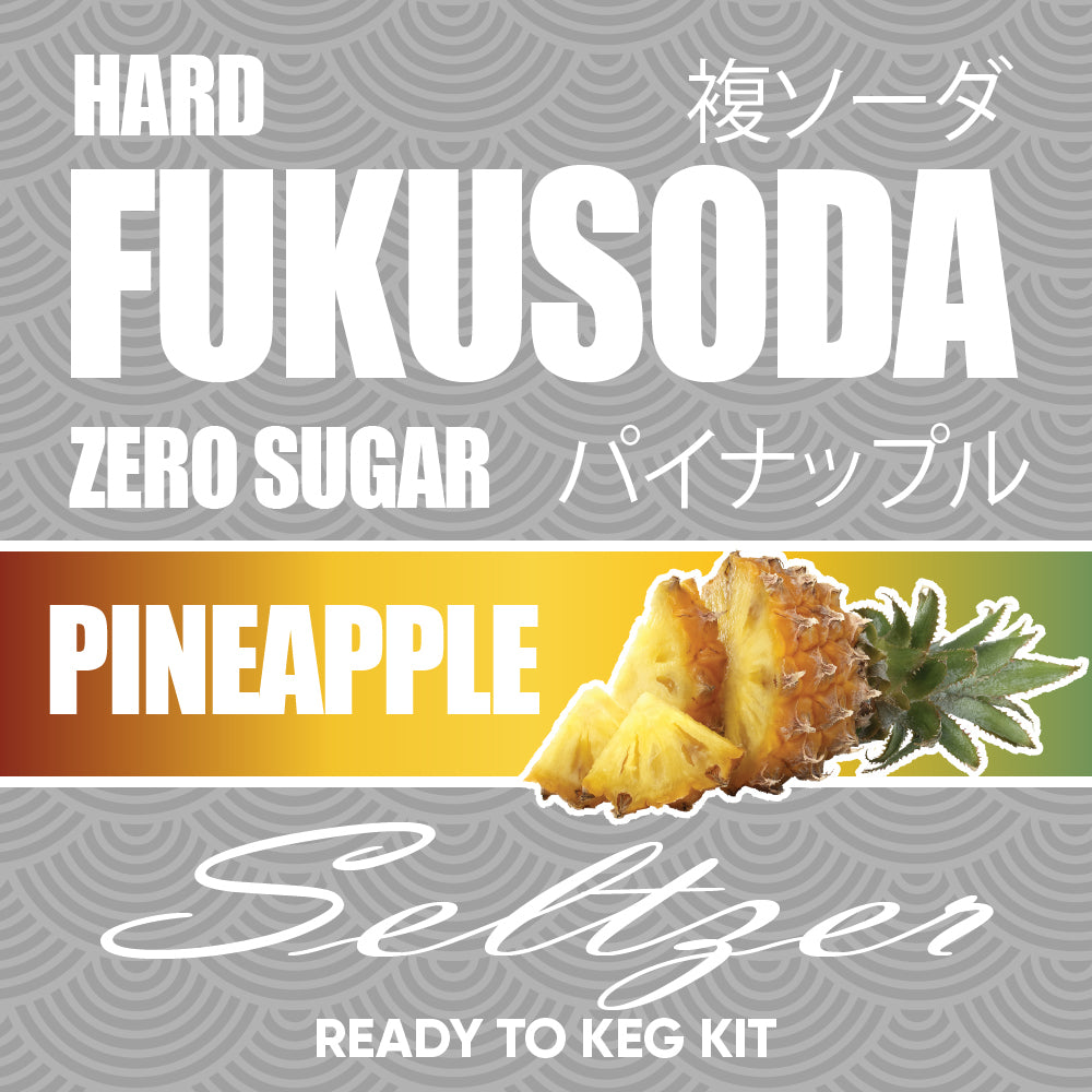 Fukusoda Pineapple Seltzer ready-to-keg kit packaging with pineapple illustration on a gray background.