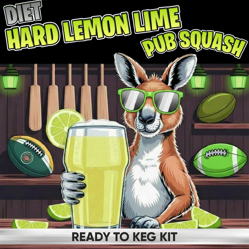 A stylized illustrated product graphic for a 'Diet Hard Lemon Lime Pub Squash Ready to Keg Kit.' A cartoon kangaroo wearing green sunglasses holds a large pint of pale yellow drink, with lime slices, footballs, and bar tools in a pub setting.