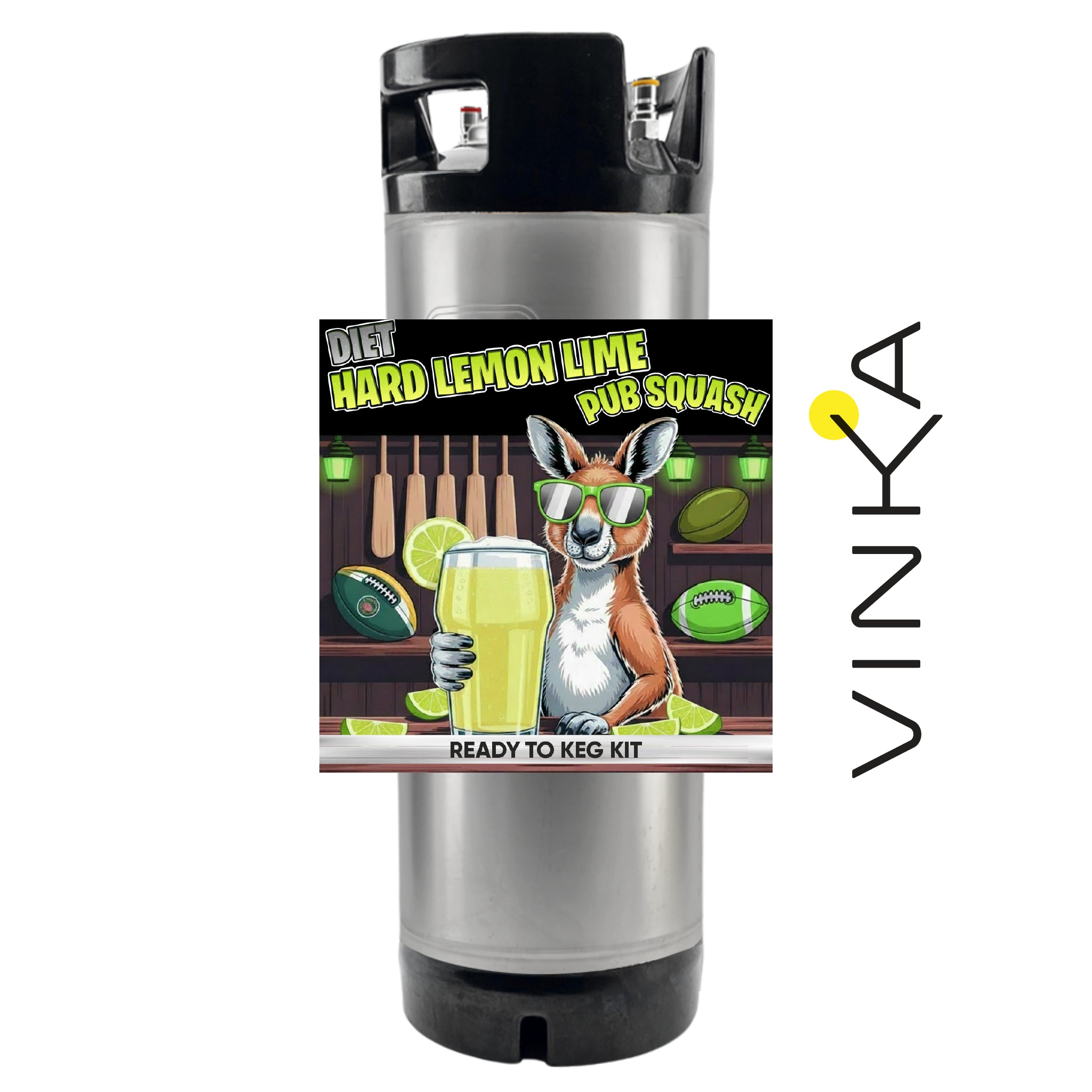 A stainless steel kegerator with a custom 'Diet Hard Lemon Lime Pub Squash' label featuring a kangaroo holding a pint of beer. The Vinka brand logo is displayed vertically on the right side against a plain white background.