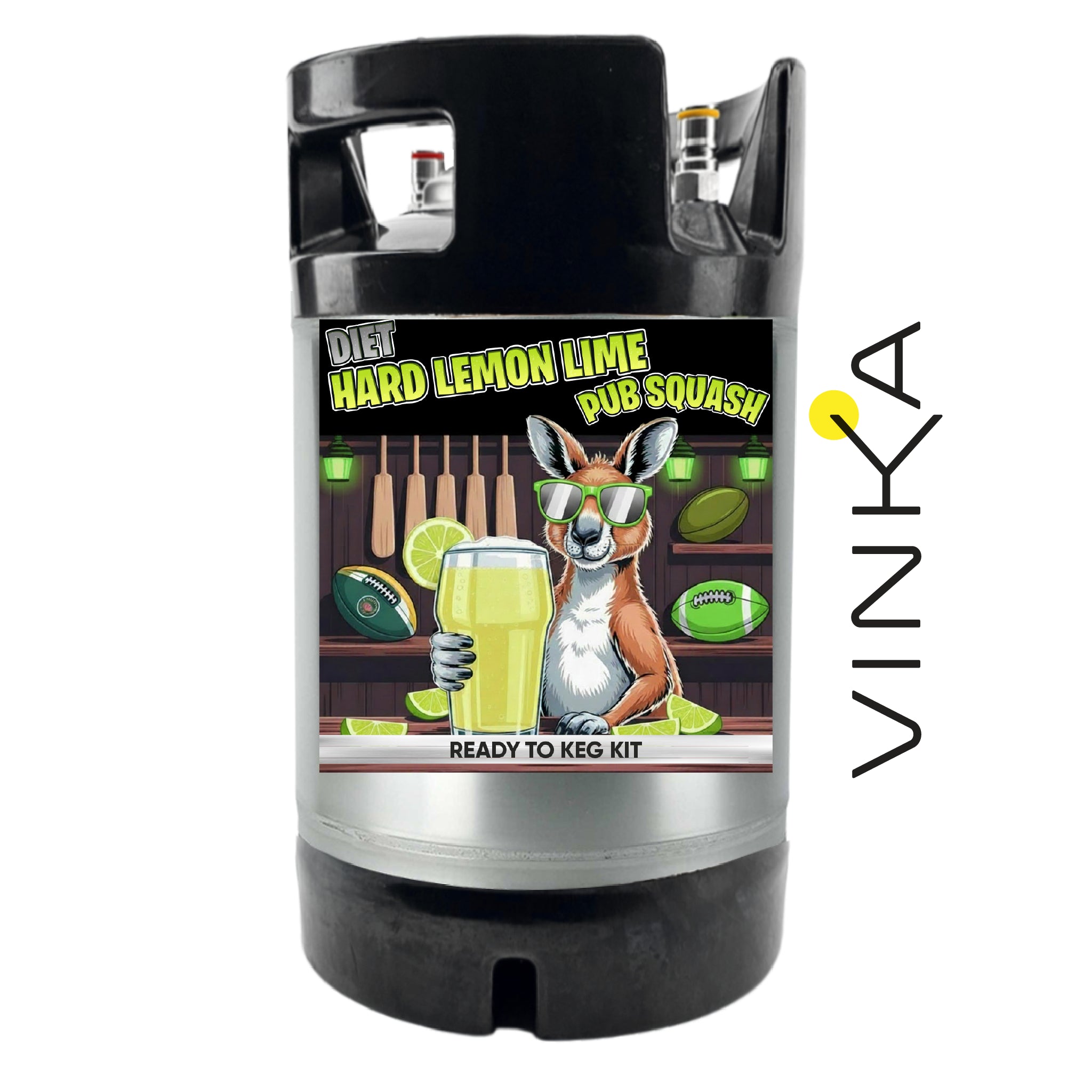 A customized black and silver kegerator with a custom graphic label featuring a kangaroo holding a pint of lemon-lime beer. The label reads 'Diet Hard Lemon Lime Pub Squash' and 'Ready to Keg Kit'.