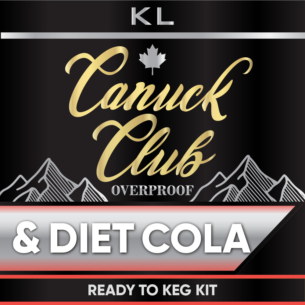Canuck Club & Diet Cola ready to keg kit label with mountains and KL logo.