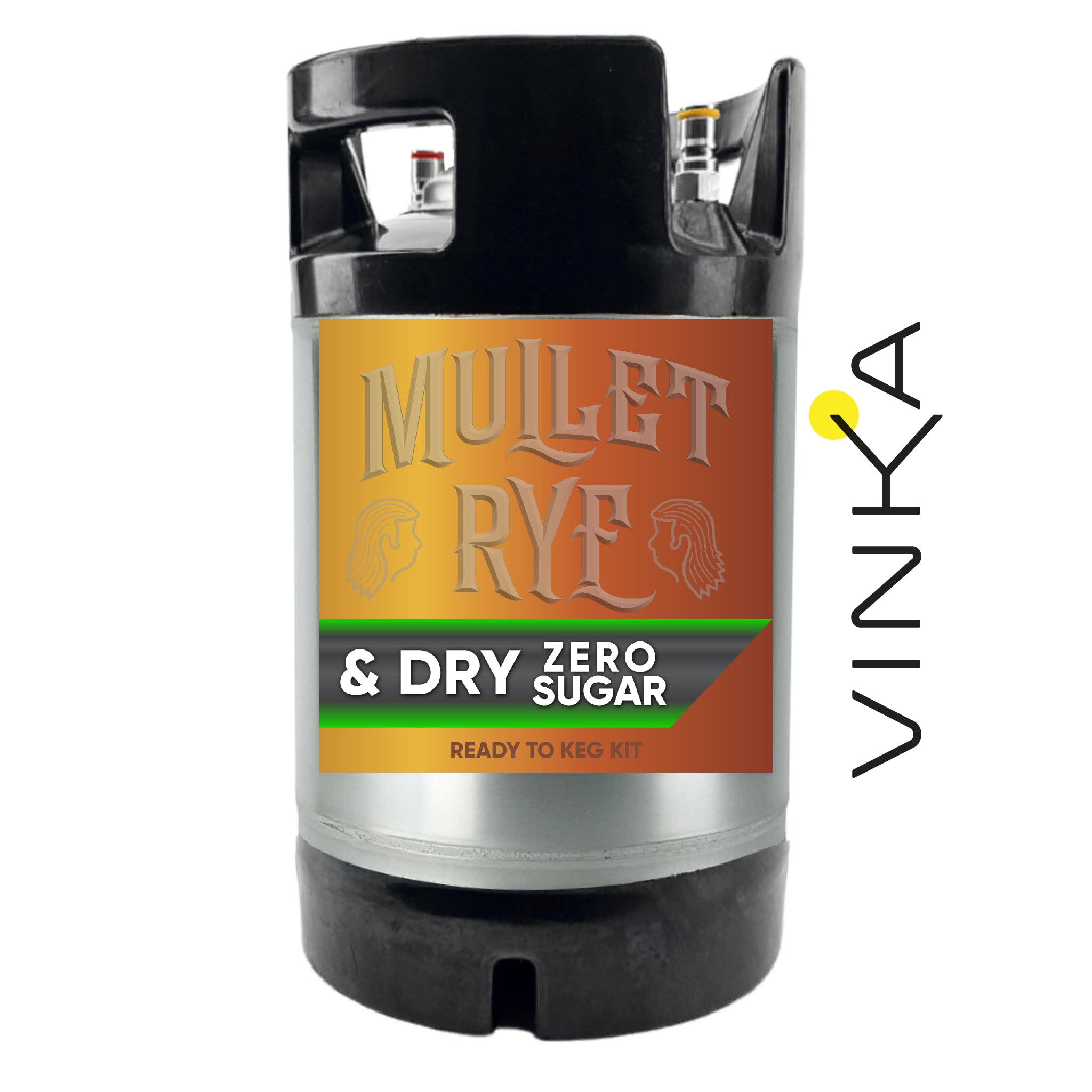 Mullet Rye & Dry Zero Sugar beer keg with Vinka logo on a white background