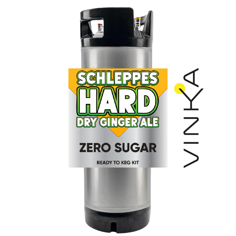 Silver keg with 'Schleppes Hard Dry Ginger Ale Zero Sugar' label on a white background, featuring the Vinka brand.
