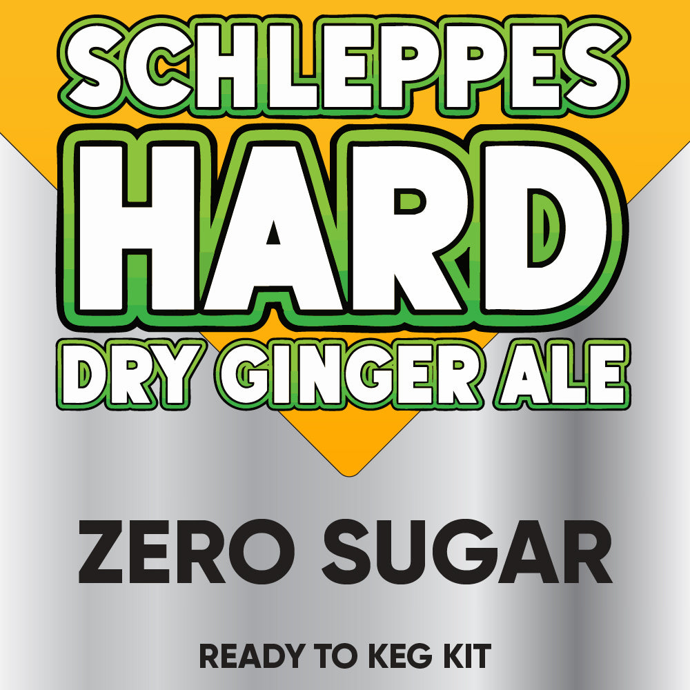 Schleppes Hard Dry Ginger Ale Zero Sugar packaging with a yellow and gray background
