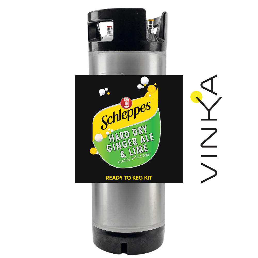 Scheppe's Hard Dry Ginger Ale & Lime ready to keg kit with Vinka branding on a white background
