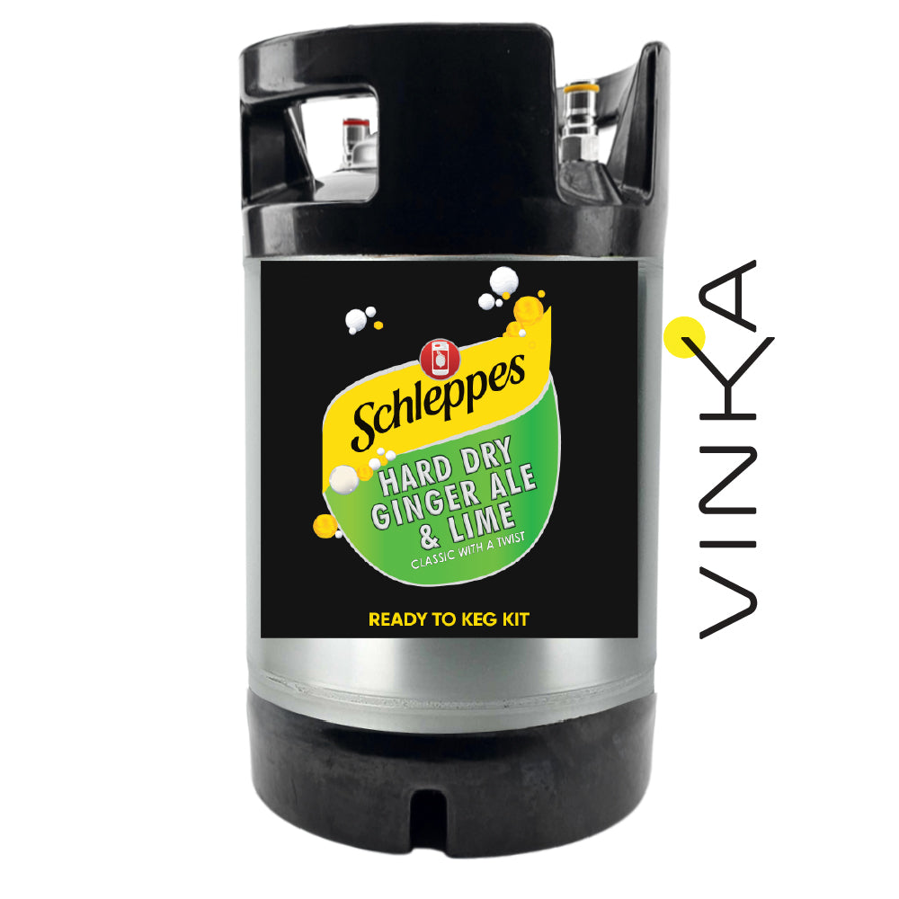 Scheppe's Hard Dry Ginger Ale & Lime keg kit with Vinka branding on a white background