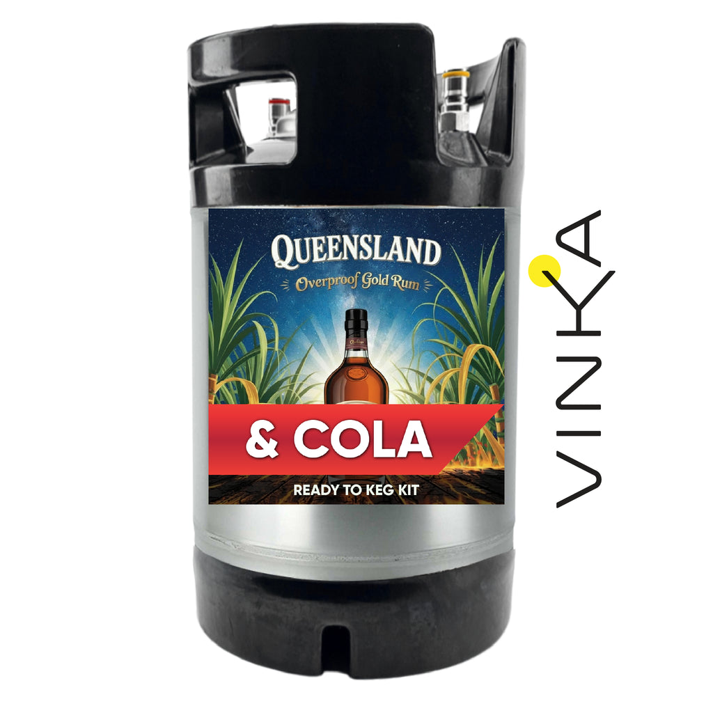 Queensland Overproof Gold Rum & Cola keg kit with Vinka logo on a white background