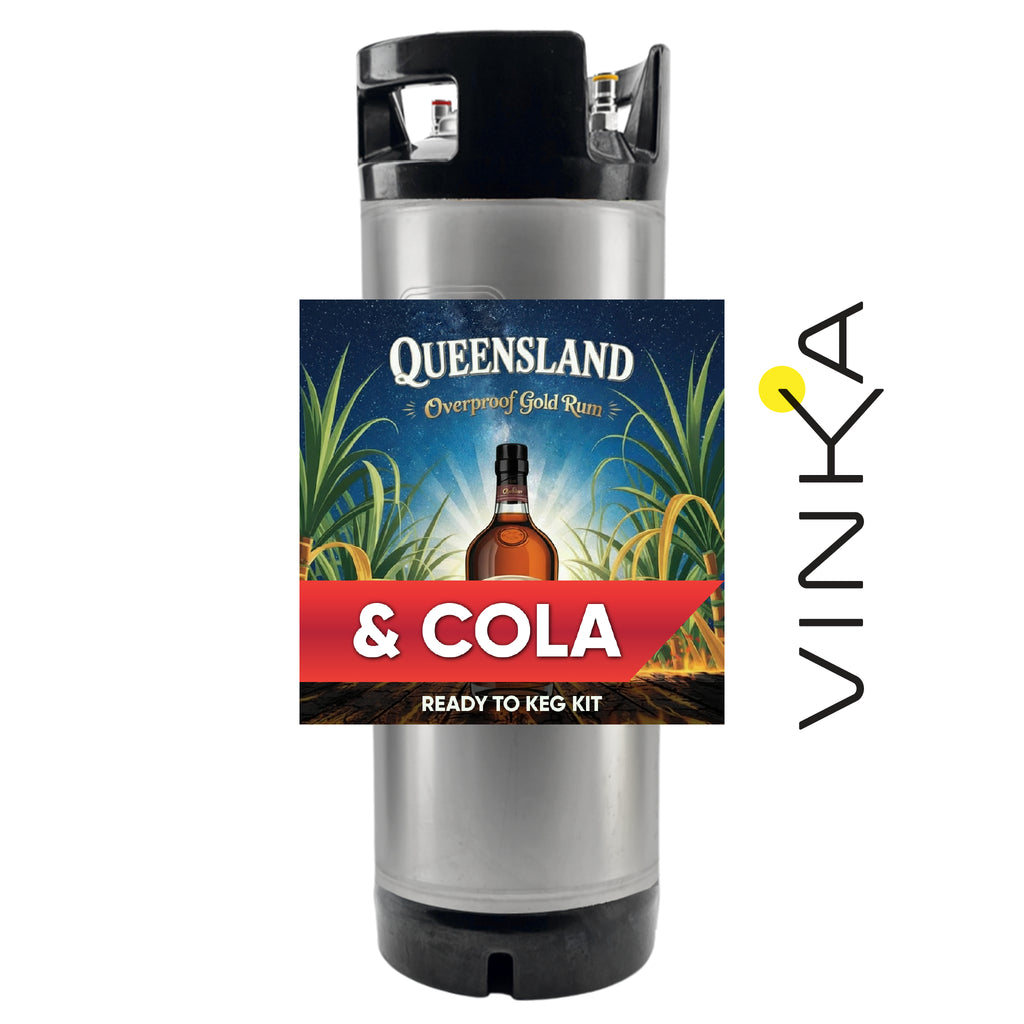 Silver keg kit with Queensland Overproof Gold Rum & Cola label on a white background