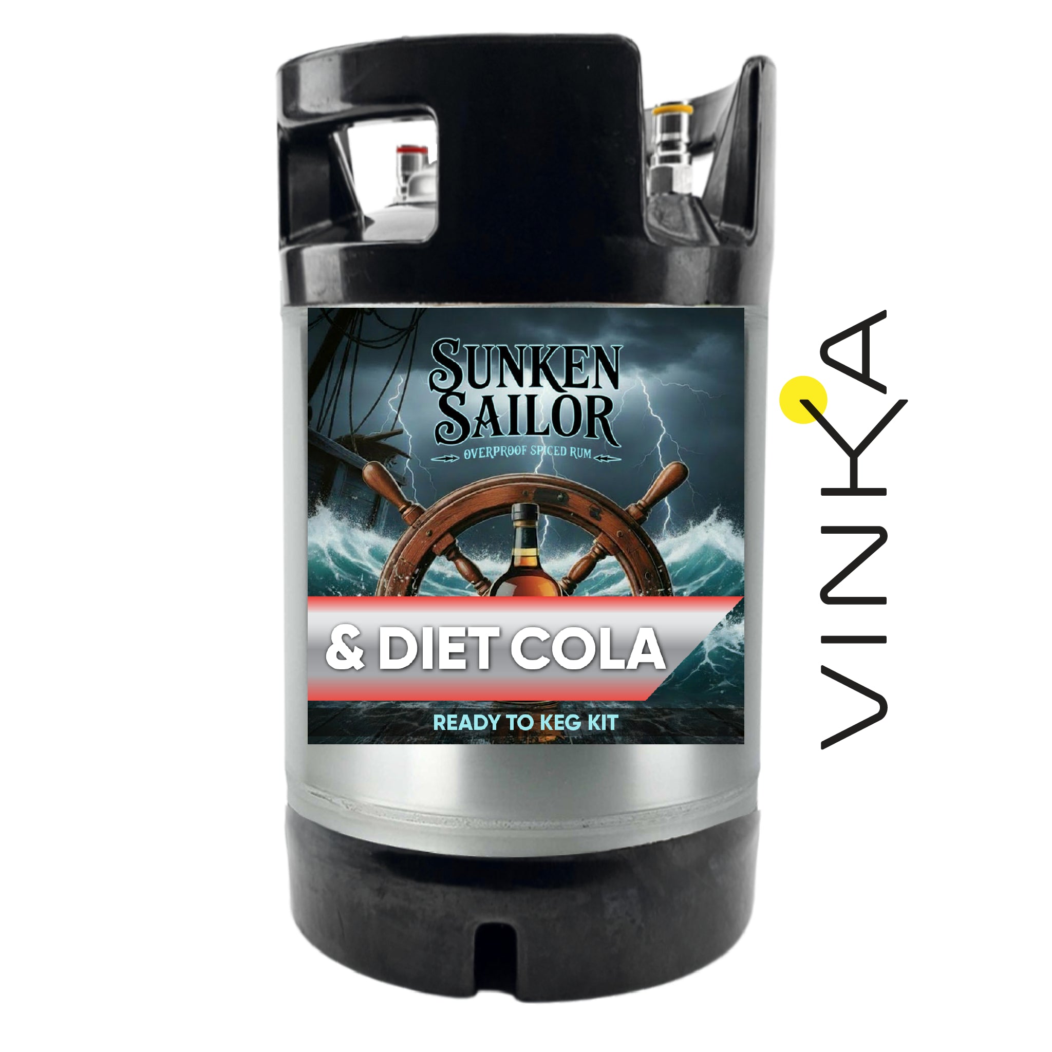 Keg labeled 'Sunken Sailor & Diet Cola' with Vinka branding on a white background