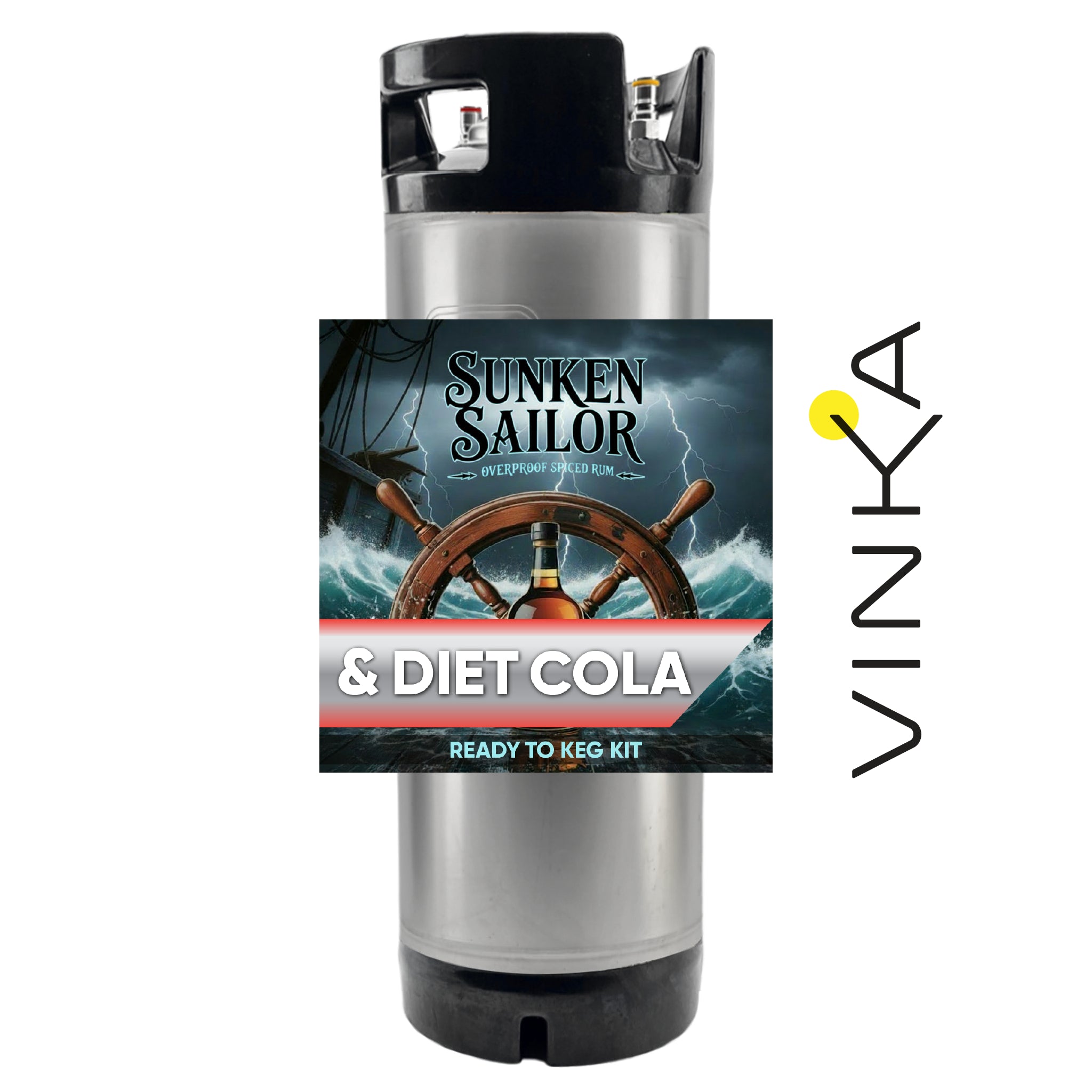 Silver keg with 'Sunken Sailor & Diet Cola' label and Vinka logo on a white background