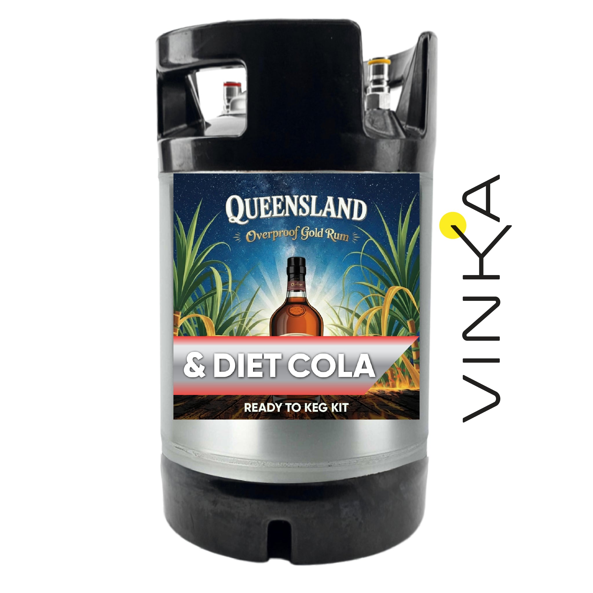 Queensland Overproof Gold Rum & Diet Cola ready to keg kit with Vinka branding on a white background