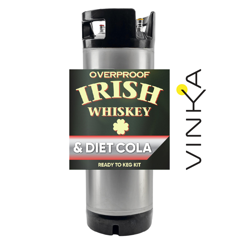 Irish whiskey and diet cola ready-to-keg kit with Vinka branding on a white background