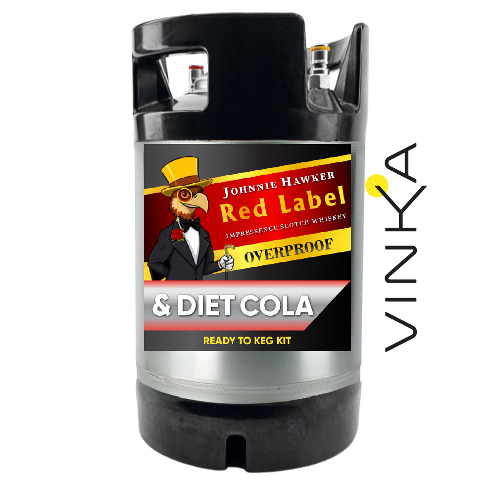 Johnnie Walker Red Label Overproof whisky and diet cola keg kit with Vinka branding.