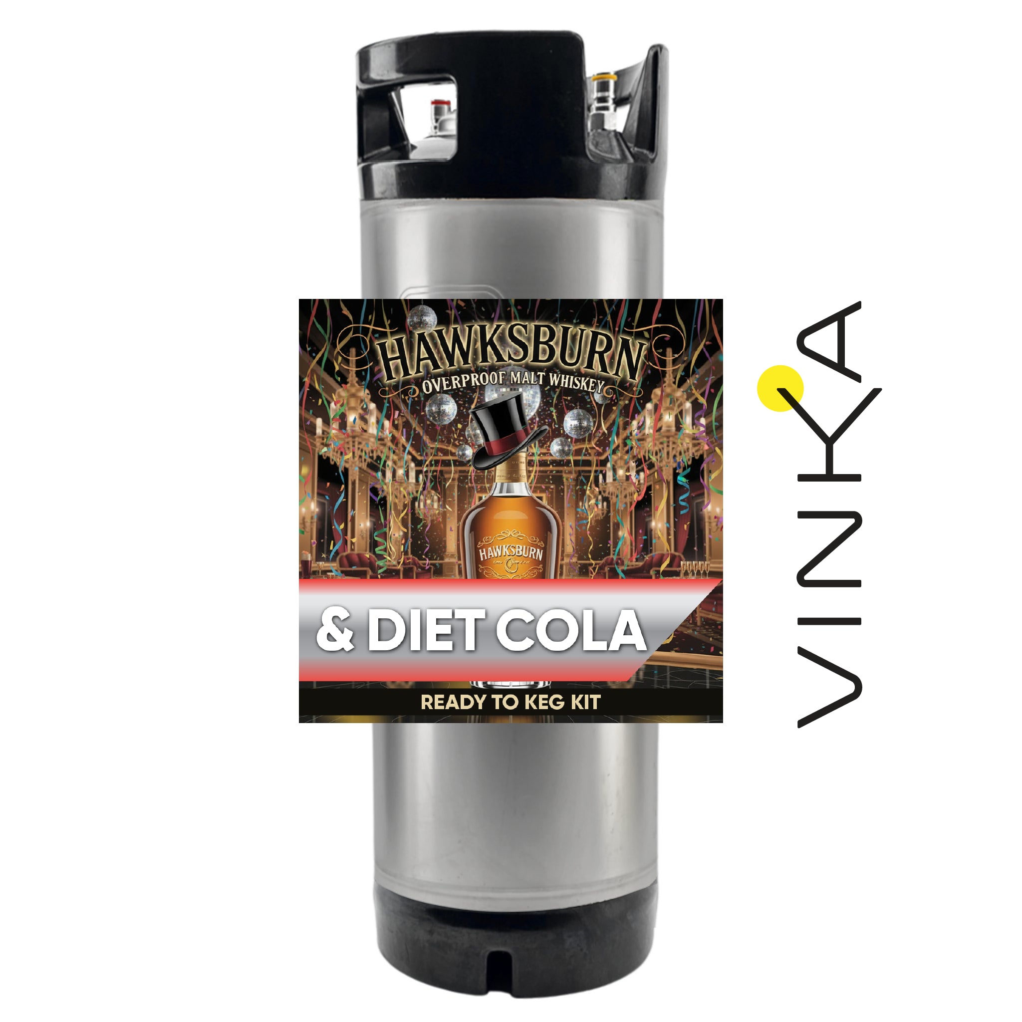 Vinka brand keg kit with Hawksburn overproof malt whiskey and diet cola label on a white background