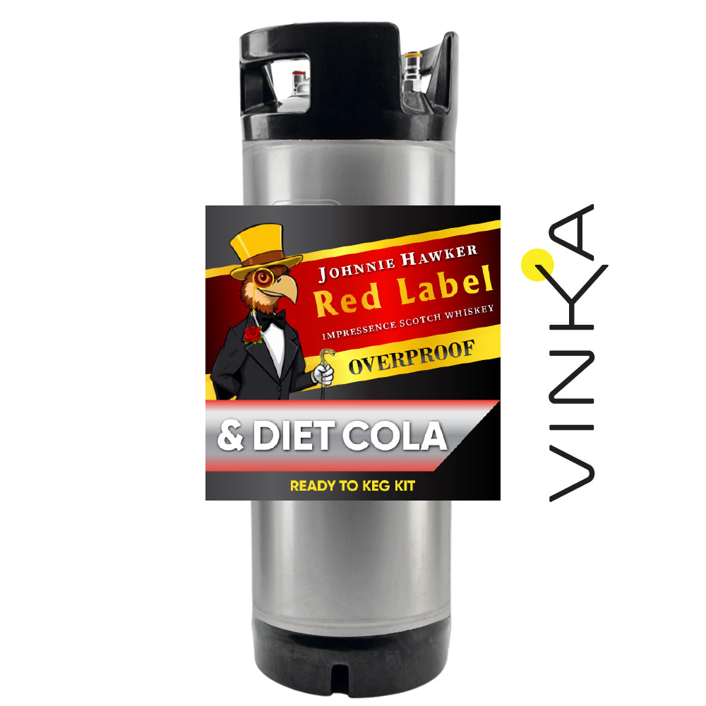 Johnnie Walker Red Label Overproof whiskey and diet cola ready-to-keg kit with Vinka branding.