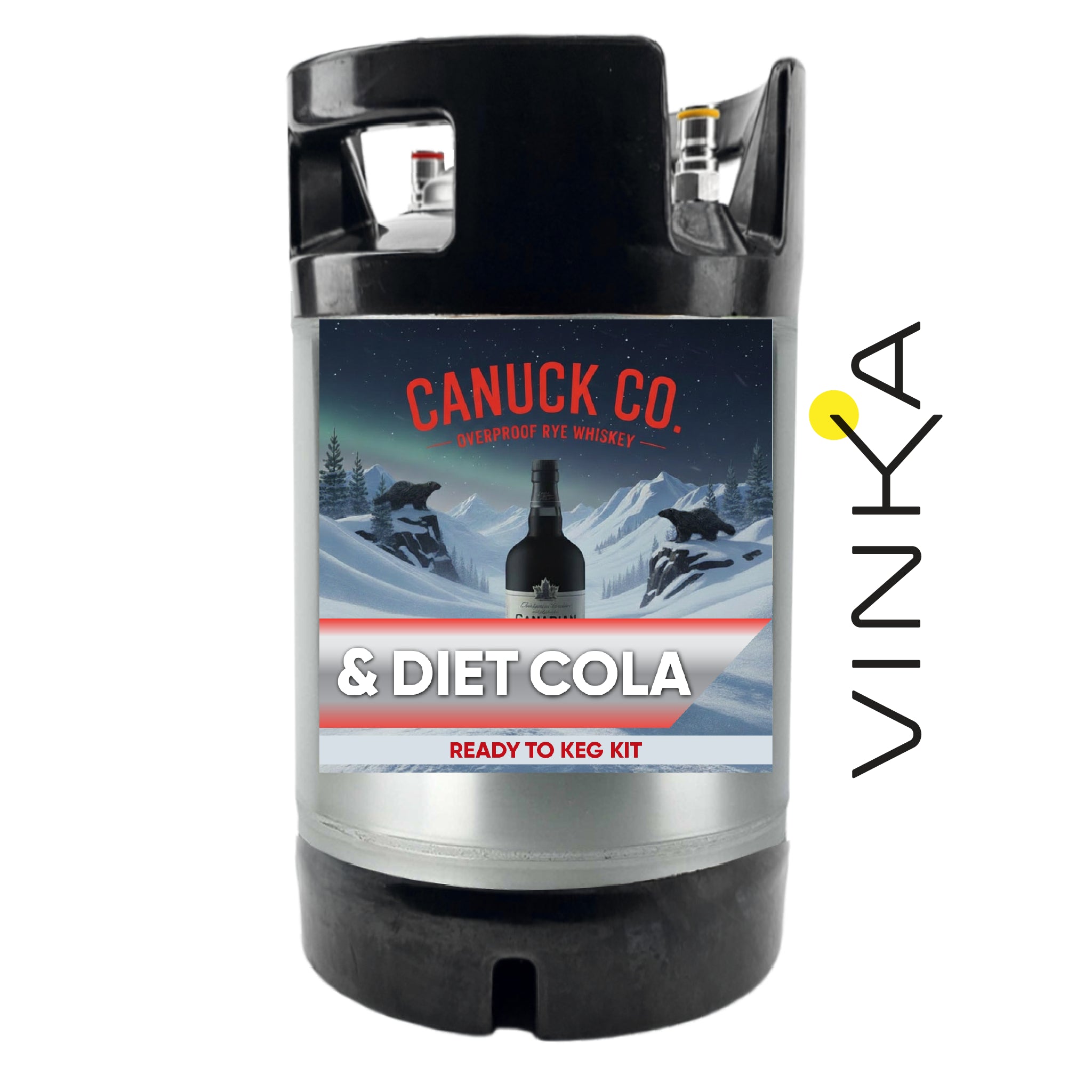 Canuck Co. whiskey and diet cola keg kit with Vinka logo on a white background