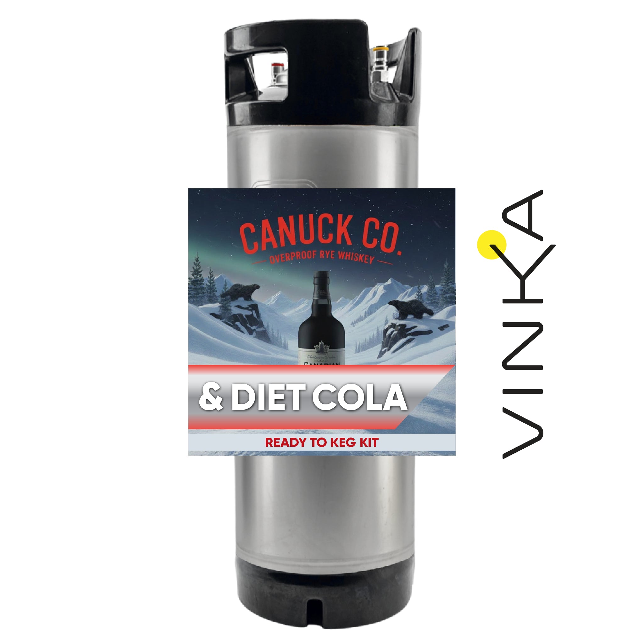 Canuck Co. & Diet Cola ready to keg kit with Vinka branding on a white background