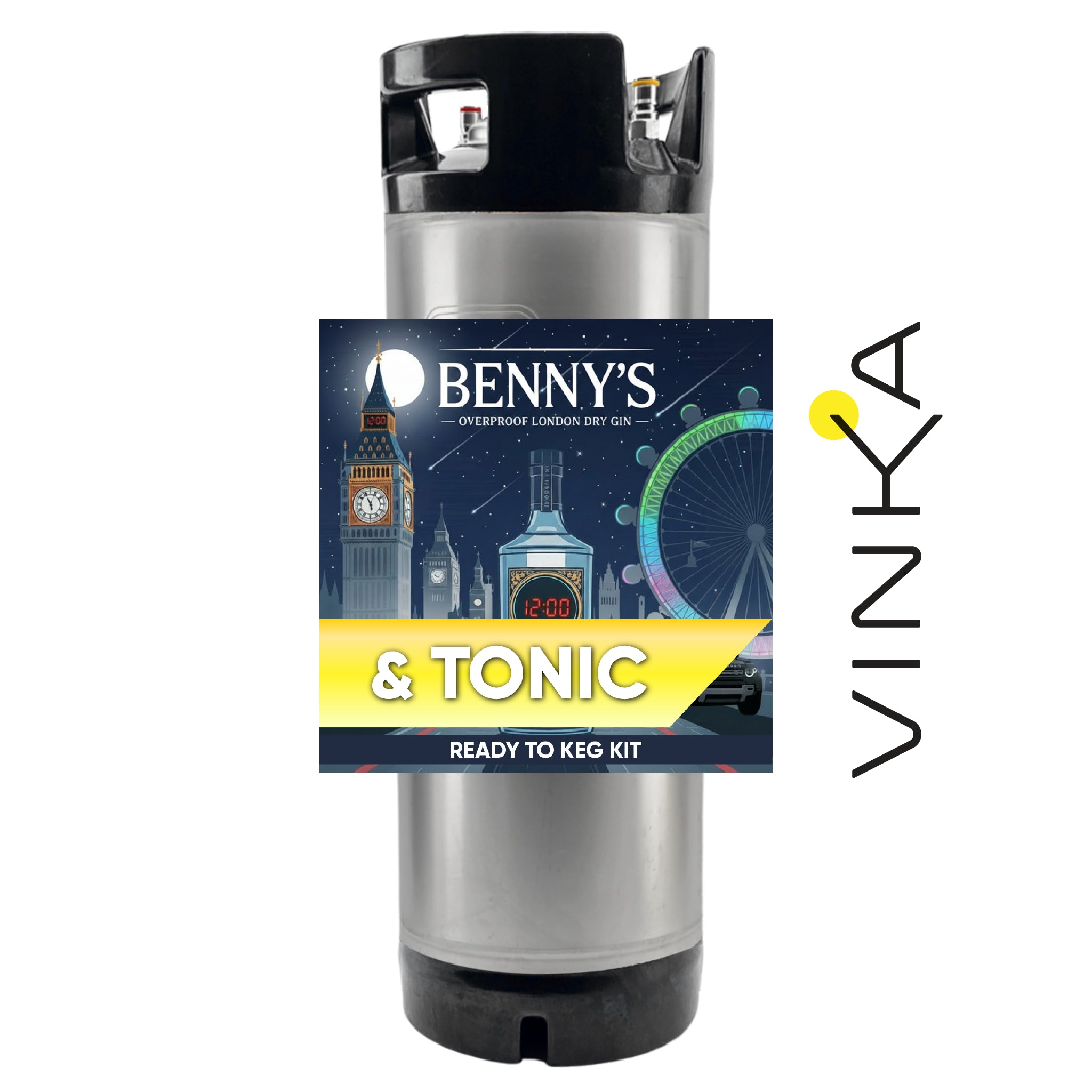 Benny's Gin & Tonic ready-to-keg kit with Vinka branding on a white background