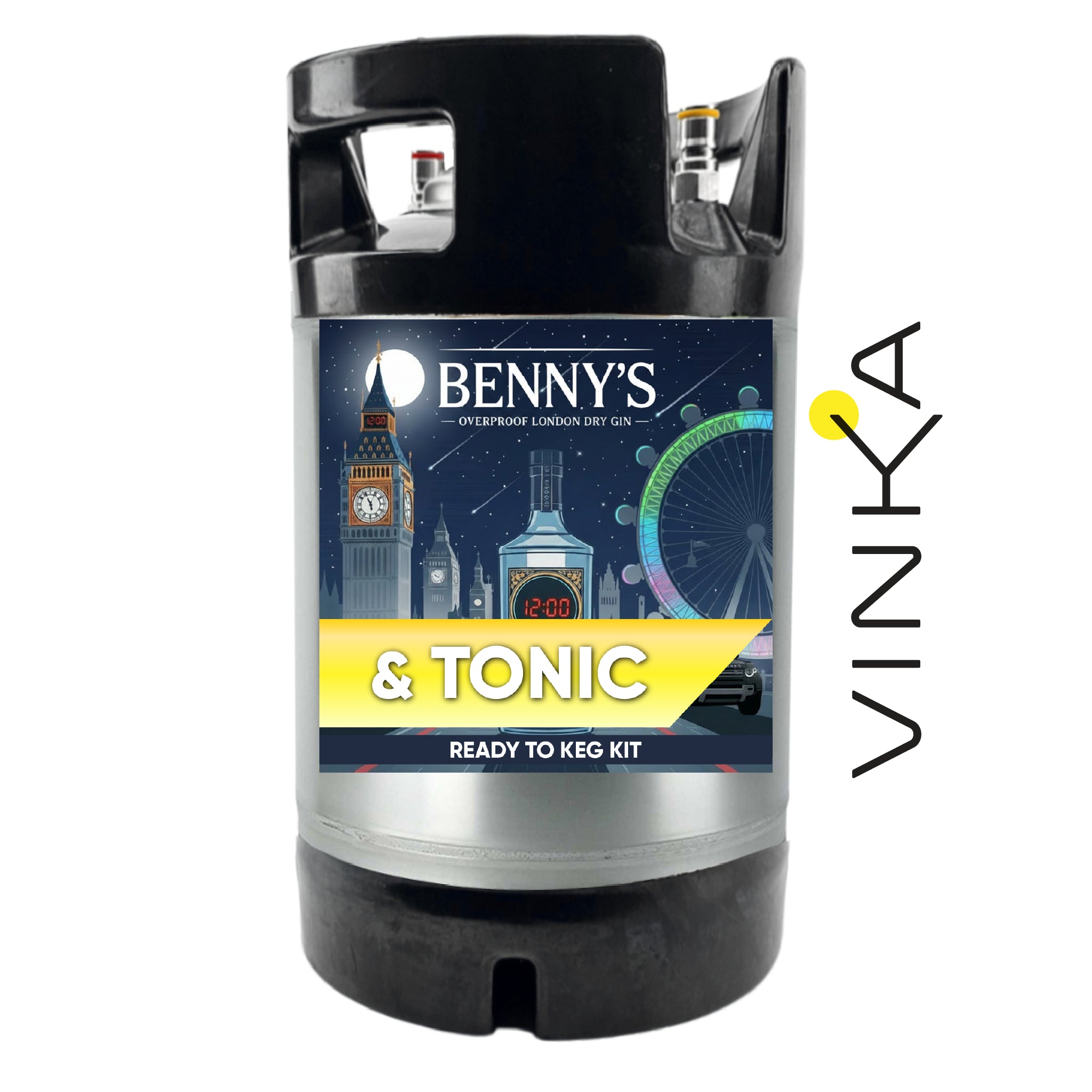 Benny's Gin & Tonic ready-to-keg kit with Vinka branding on a white background