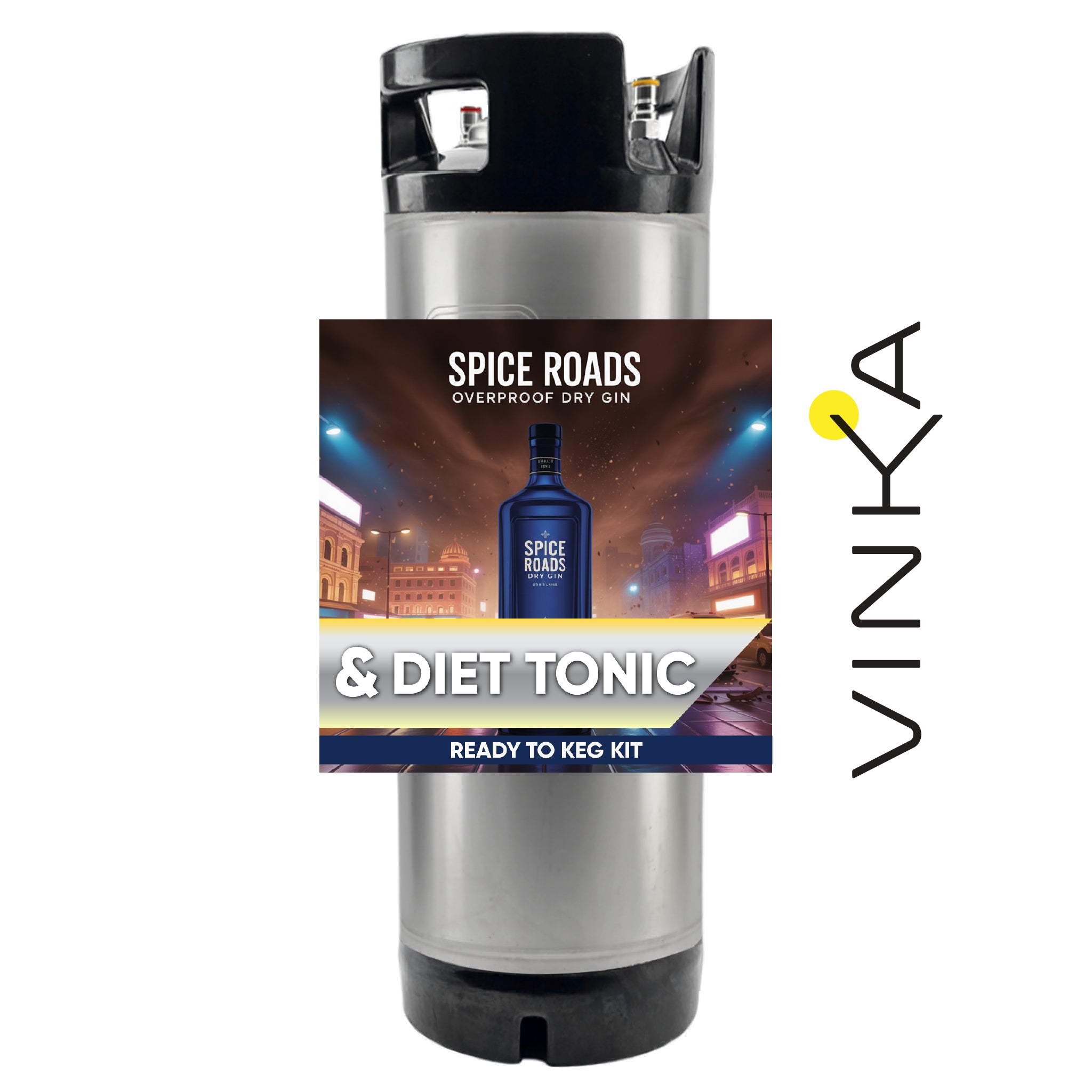 Silver and black keg with Spice Roads gin and diet tonic label on a white background